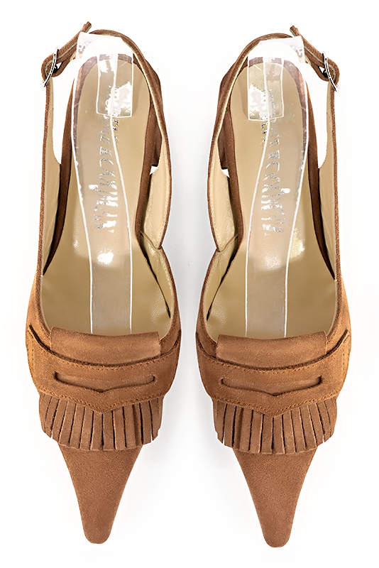 Camel beige women's slingback shoes. Pointed toe. Medium block heels. Top view - Florence KOOIJMAN